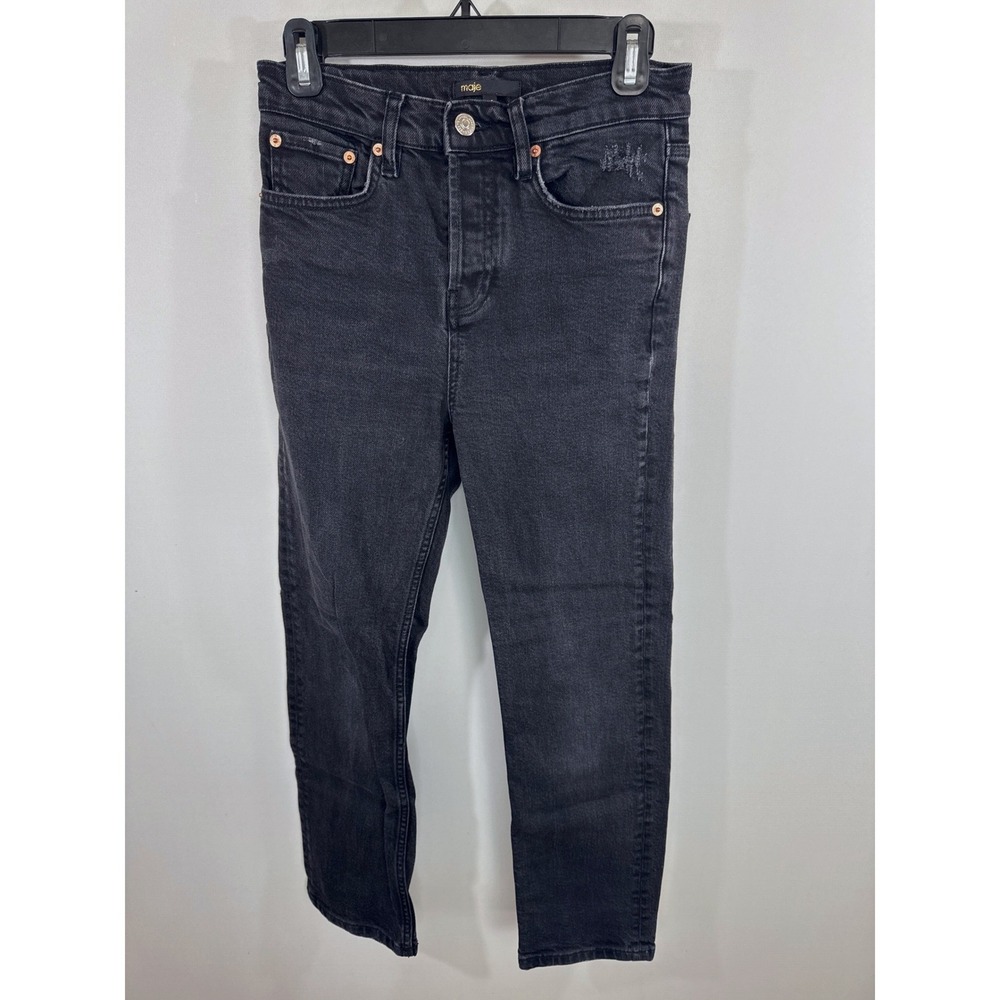 Maje Black High Rise Straight Leg Distressed‎ Button Fly Jeans FR 36 US 4